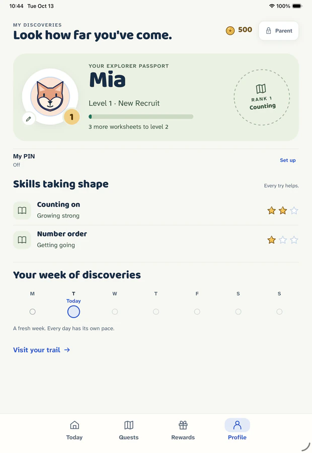 Gakumi Profile tab on iPad: two skills with one to two stars each, and a Monday-to-Sunday week strip with a quiet outline for each day.