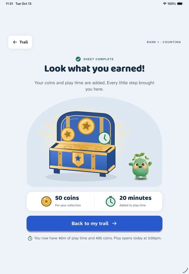 Gakumi reward screen on iPad: an opened treasure chest with Sobo, and a card reading 50 coins and 20 minutes added to play time.