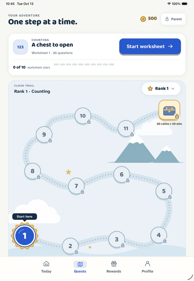 Gakumi Quests tab on iPad with a Start worksheet button and an illustrated trail of numbered stops, with a chest worth 50 coins and 20 minutes at the end.