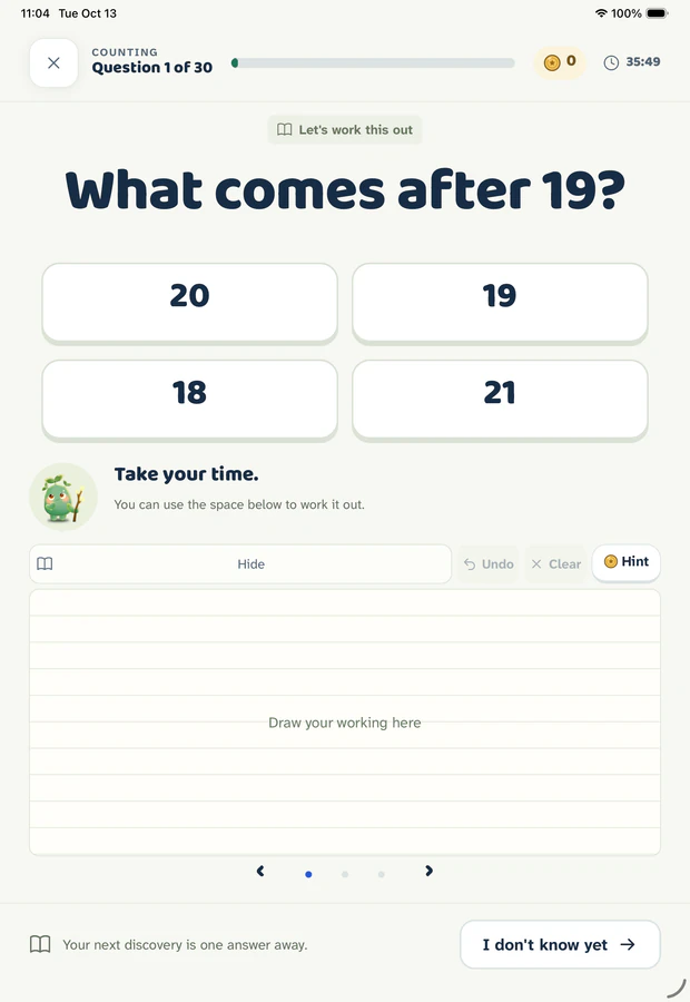 A Gakumi worksheet question: What comes after 19? with four answer tiles, 20, 19, 18 and 21.