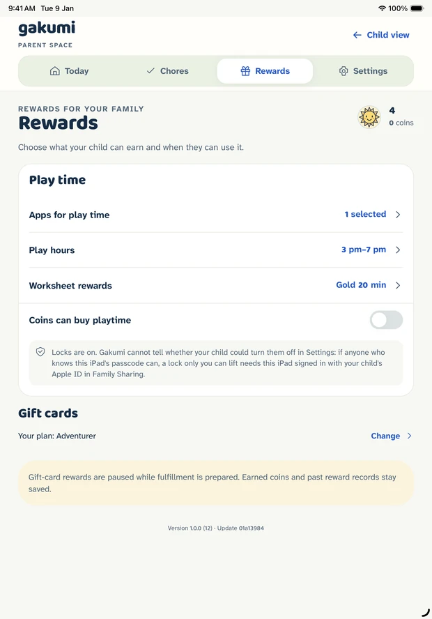 Gakumi parent area, Rewards tab: Apps for play time, Play hours and Worksheet rewards, with a switch that lets coins buy play time.